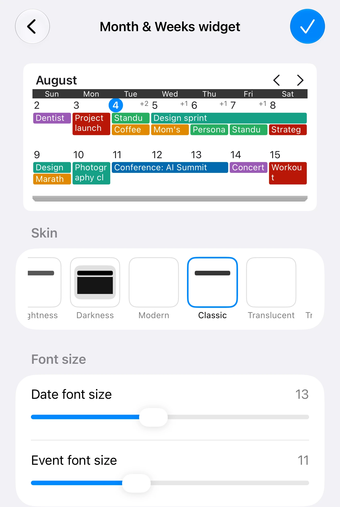 The Calendar Widgets Suite widget editor: a live preview at the top, with the skin picker and date and event font size sliders below it